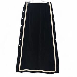 Vintage 70s Chessa Davis Black Velvet Maxi Skirt Ivory Satin Trim Buttons Large
